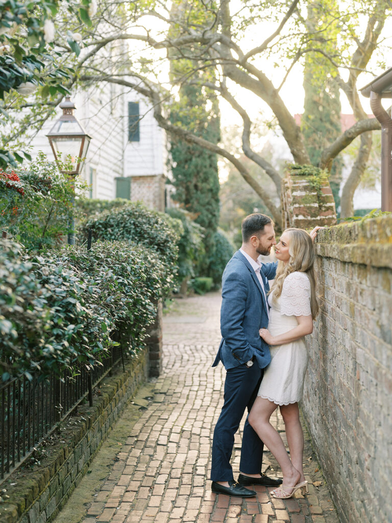 Couple about to kiss, Best Charleston Engagement Photo Locations, Stoll's Alley photo location